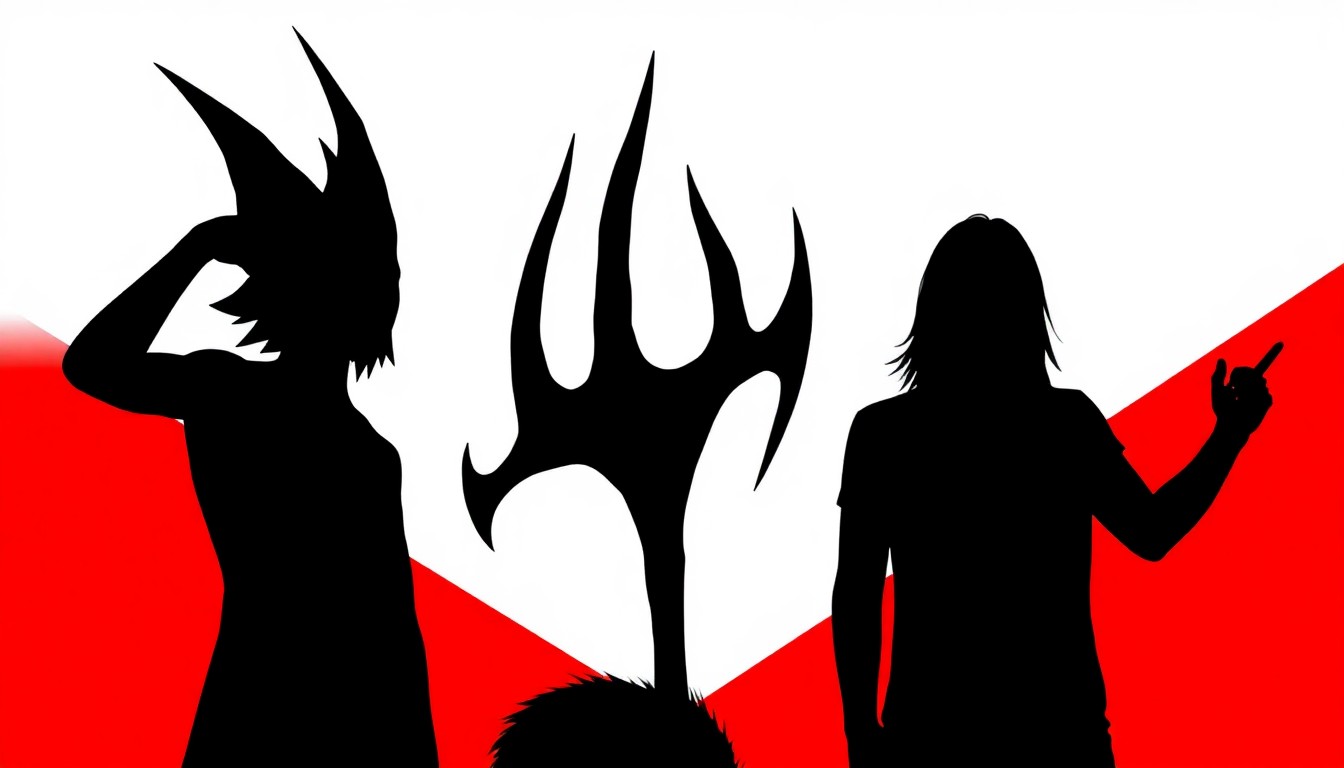 An abstract, minimalist illustration featuring sharp, jagged black silhouettes of band members set against a bold red and white background, conceptually representing the intensity and energy of the metalcore genre.