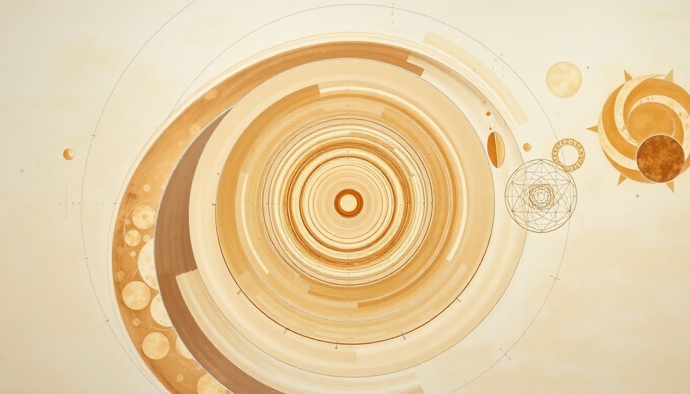 A highly structured abstract painting in soft, earthy tones featuring sweeping geometric arcs, concentric planetary circles, and precise botanical spirals, conveying the structural order of the universe without using any text or symbols.