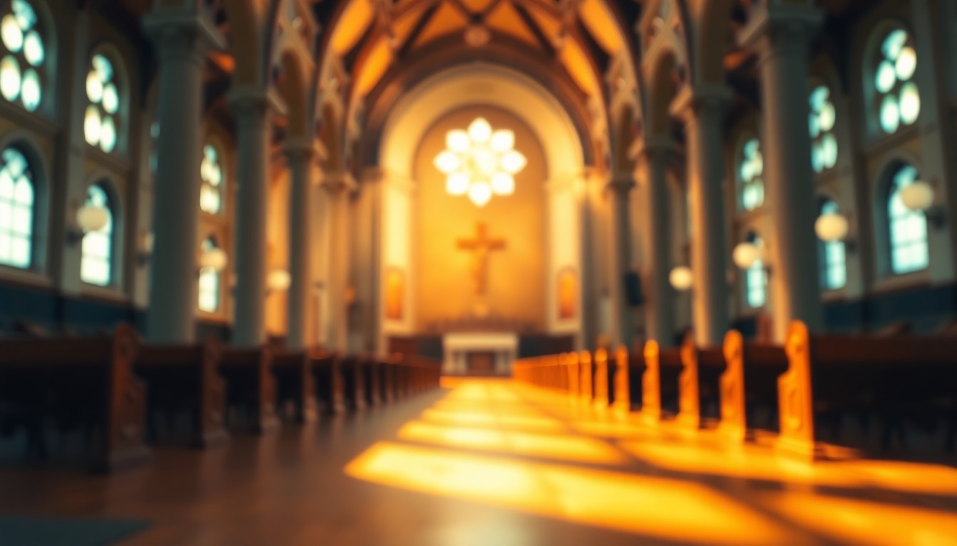 An extremely abstracted, out-of-focus photograph of a church interior, with soft pools of warm light and color creating a serene, contemplative atmosphere that evokes the quiet dignity and enduring faith of a small-town community.