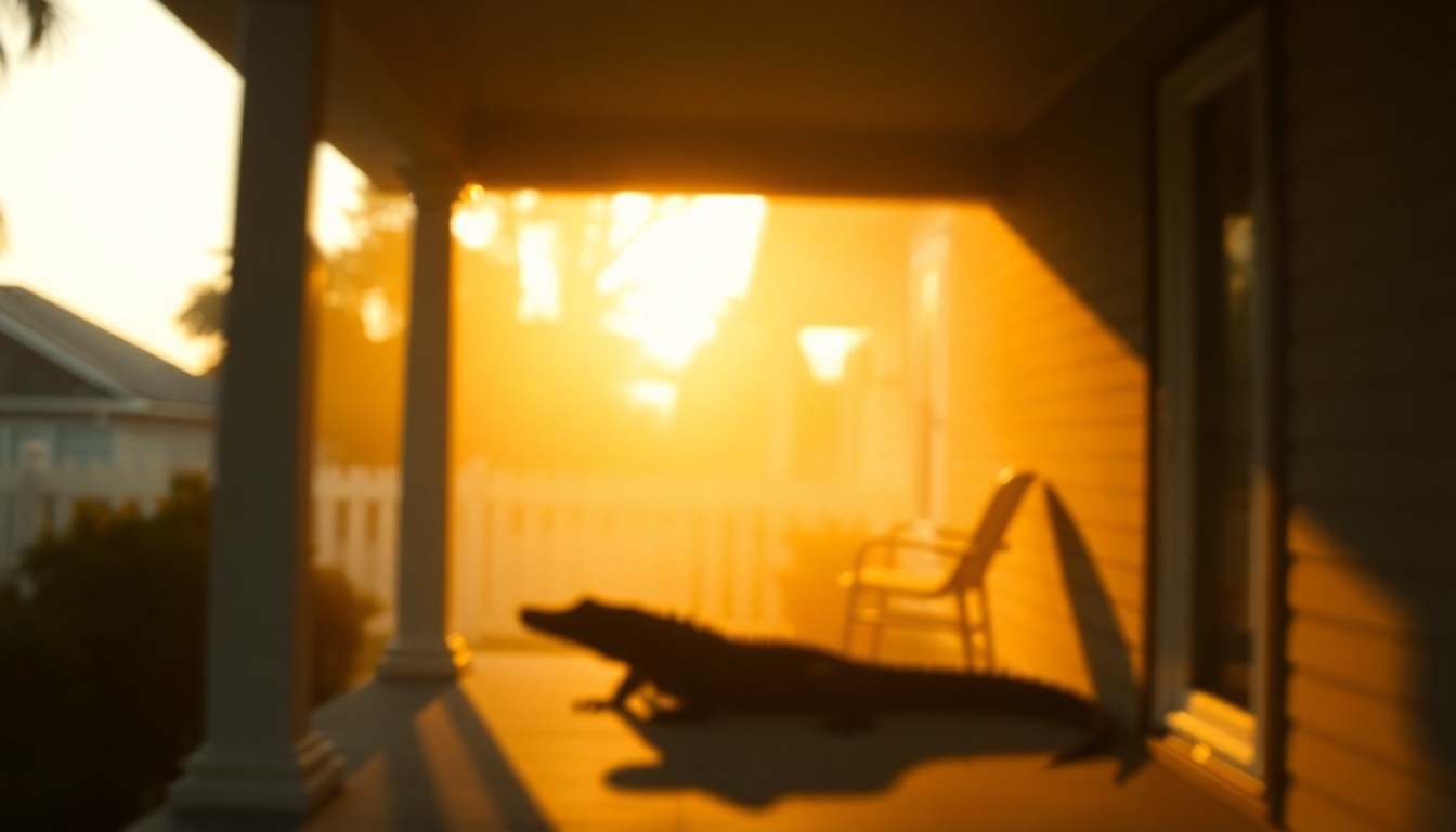 An abstracted, out-of-focus photograph in warm, hazy tones depicting the shadowy silhouette of an alligator lurking on a residential porch, conceptually illustrating the unexpected and potentially dangerous encounter.