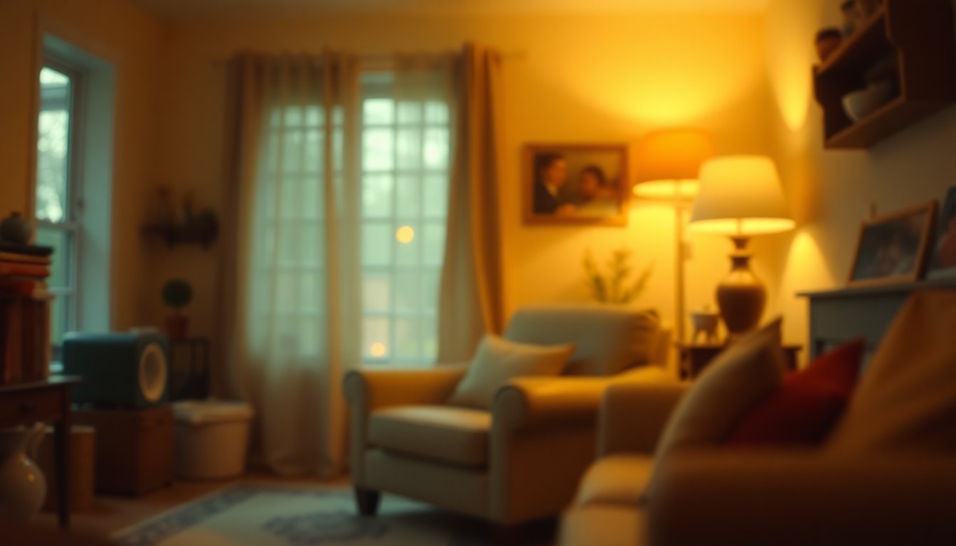 An extremely abstracted, out-of-focus photograph of a cozy living room scene, with soft pools of warm color and light creating an intimate, dreamlike atmosphere that evokes the nurturing spirit and enduring legacy of Mary Jane Williams.
