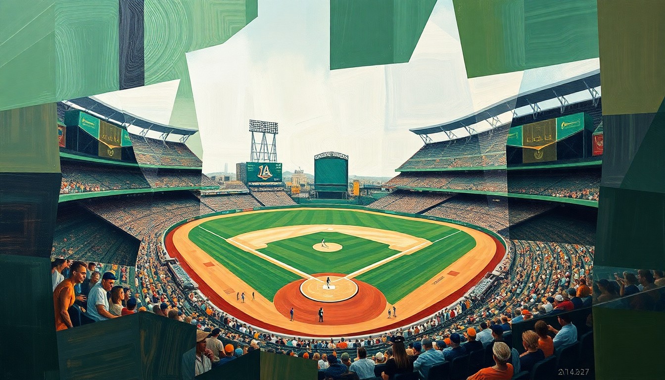 A cubist-style painting featuring overlapping geometric shapes and planes in shades of green, brown, and white, conceptually representing the action and movement of a baseball game.