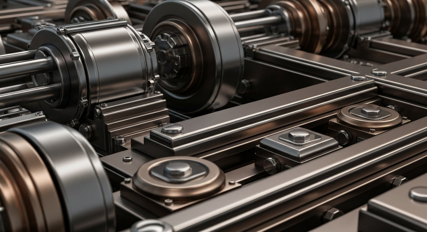 A highly detailed, cinematic close-up of heavy, polished industrial machinery and equipment in shades of steel grey, bronze, and chrome, conceptually representing the complex financial infrastructure and institutional power of the banking sector.