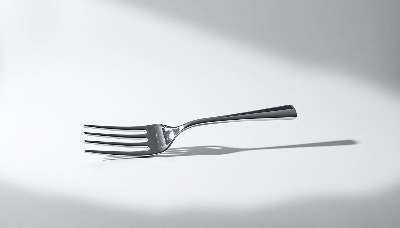A high-end, photorealistic studio still-life photograph featuring a polished, geometric metal sculpture in the shape of a restaurant fork, placed elegantly on a clean, monochromatic background and dramatically lit to represent abstract corporate strategy and finance.
