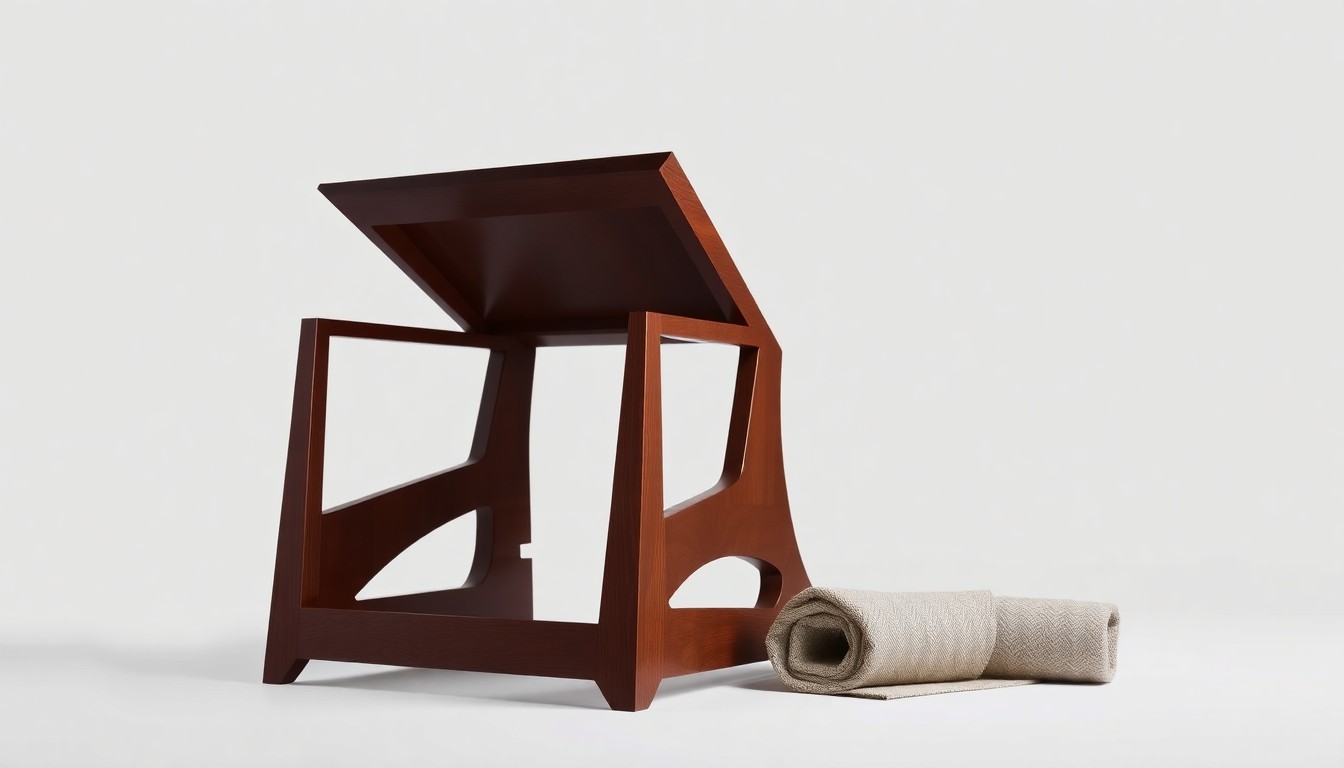 A minimalist, high-contrast studio photograph featuring a polished wooden chair frame and a rolled fabric swatch, symbolizing the premium materials and craftsmanship of Bassett Furniture's products.