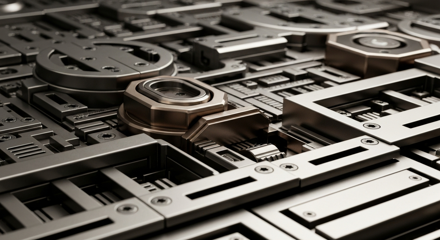 An extreme close-up of highly detailed, interlocking metal components and machinery in shades of steel grey, bronze, and chrome, conceptually representing the complex financial systems and institutional infrastructure powering the biotech industry's growth.