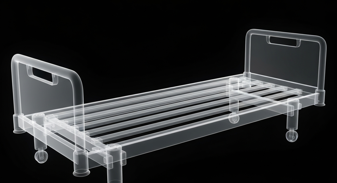 An abstract, ghostly X-ray image of a hospital bed frame, conveying the fragility of the healthcare system in Louisiana.