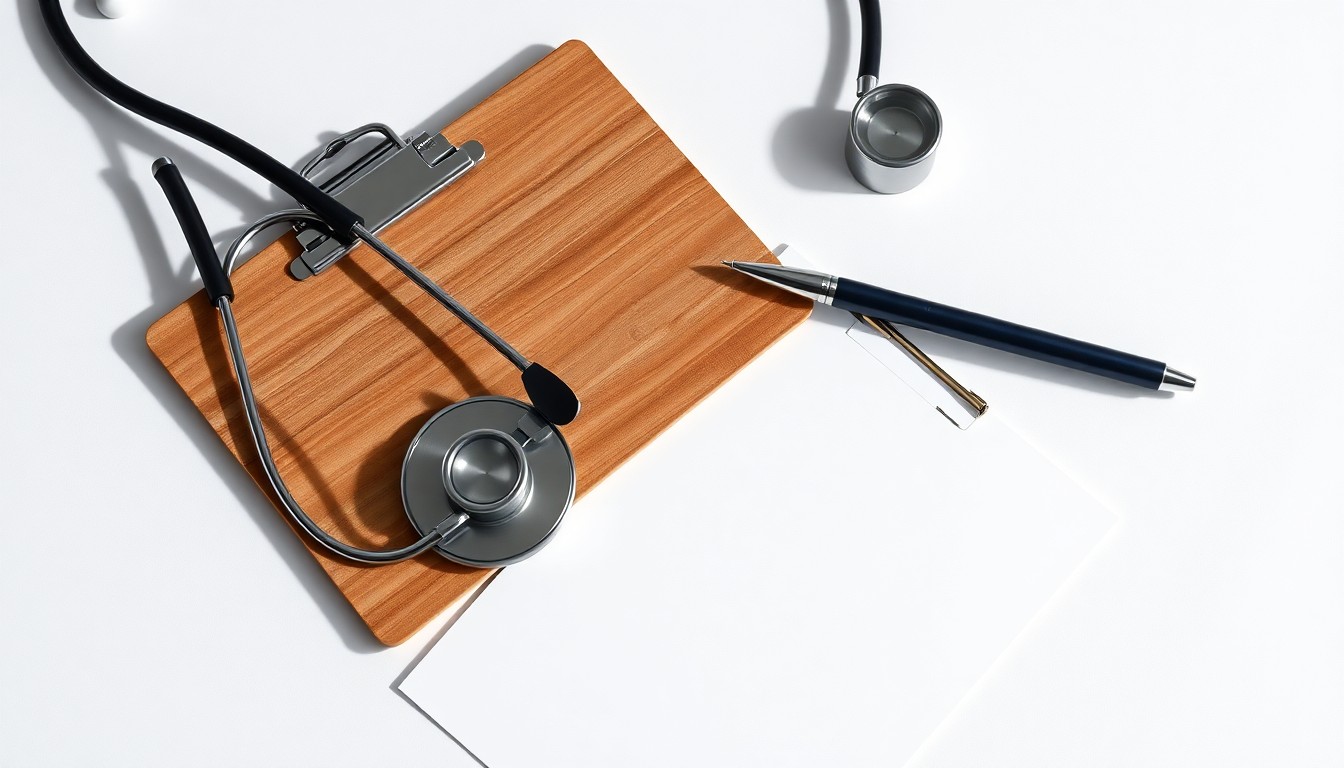 A photorealistic studio still life featuring a stethoscope, clipboard, and pen arranged on a clean white background, conveying the abstract concepts of healthcare worker empowerment and the balance of power in the medical industry.