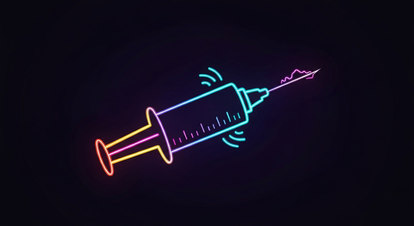 An abstract illustration featuring a medical syringe defined by bright, neon-like lines against a dark background, conveying the concept of advanced, safety-focused healthcare technology.
