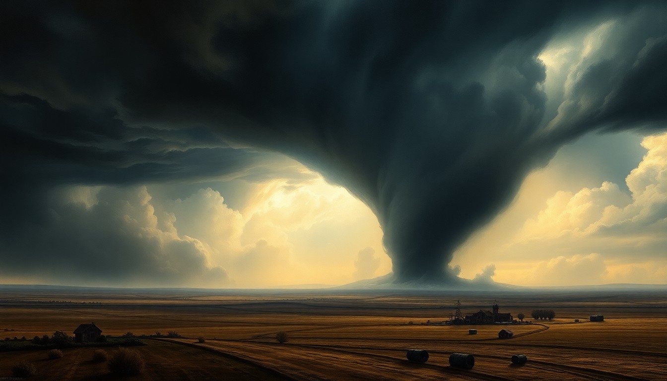 A dramatic landscape painting in the style of Caspar David Friedrich, depicting a tornado-ravaged countryside under a heavy, ominous sky. The scene uses deep atmospheric perspective and dramatic backlighting to convey the overwhelming, sublime scale of the natural disaster, with any remaining structures or objects dwarfed by the powerful weather system.