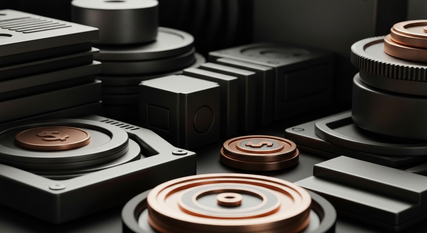 An extreme close-up of various gears, levers, and metal components of a complex banking or financial machine, conveying the intricate workings of the modern financial system.