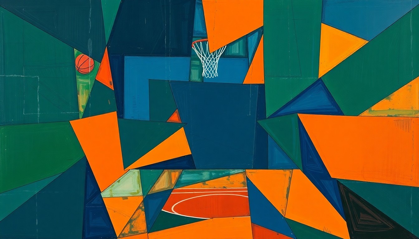 A cubist, geometric painting depicting a fragmented basketball game or match, with sharp planes of navy, green, and orange intersecting to create a dynamic, abstract composition.