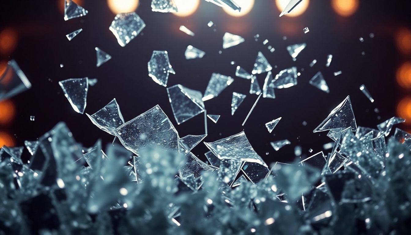 An extreme close-up of shattered glass shards reflecting dramatic studio lighting, conceptually representing the decline in quality of a long-running TV series.