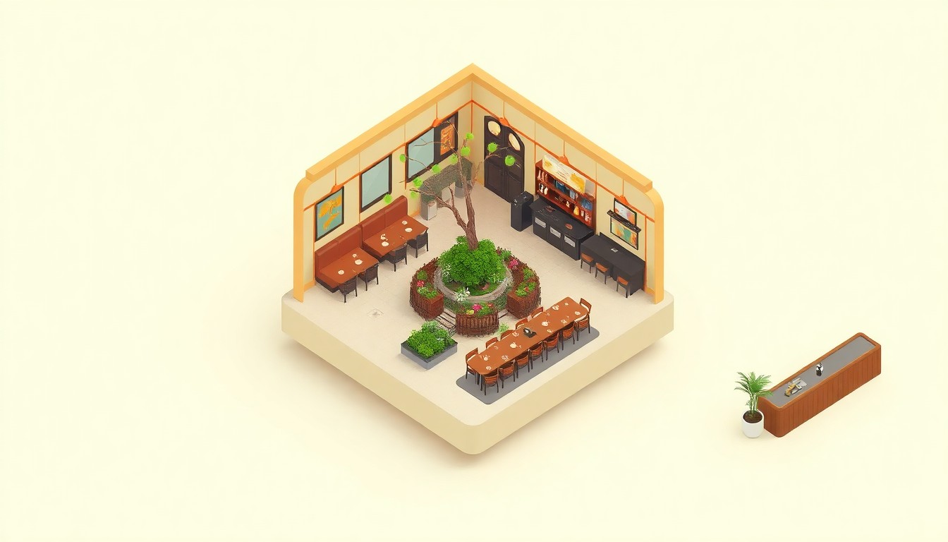 A minimalist, stylized 3D illustration depicting the interior of a modern restaurant with a mix of Japanese and Italian design elements, including booths, a central garden feature, and a prominent bar, all rendered in a clean, pastel-colored isometric perspective.