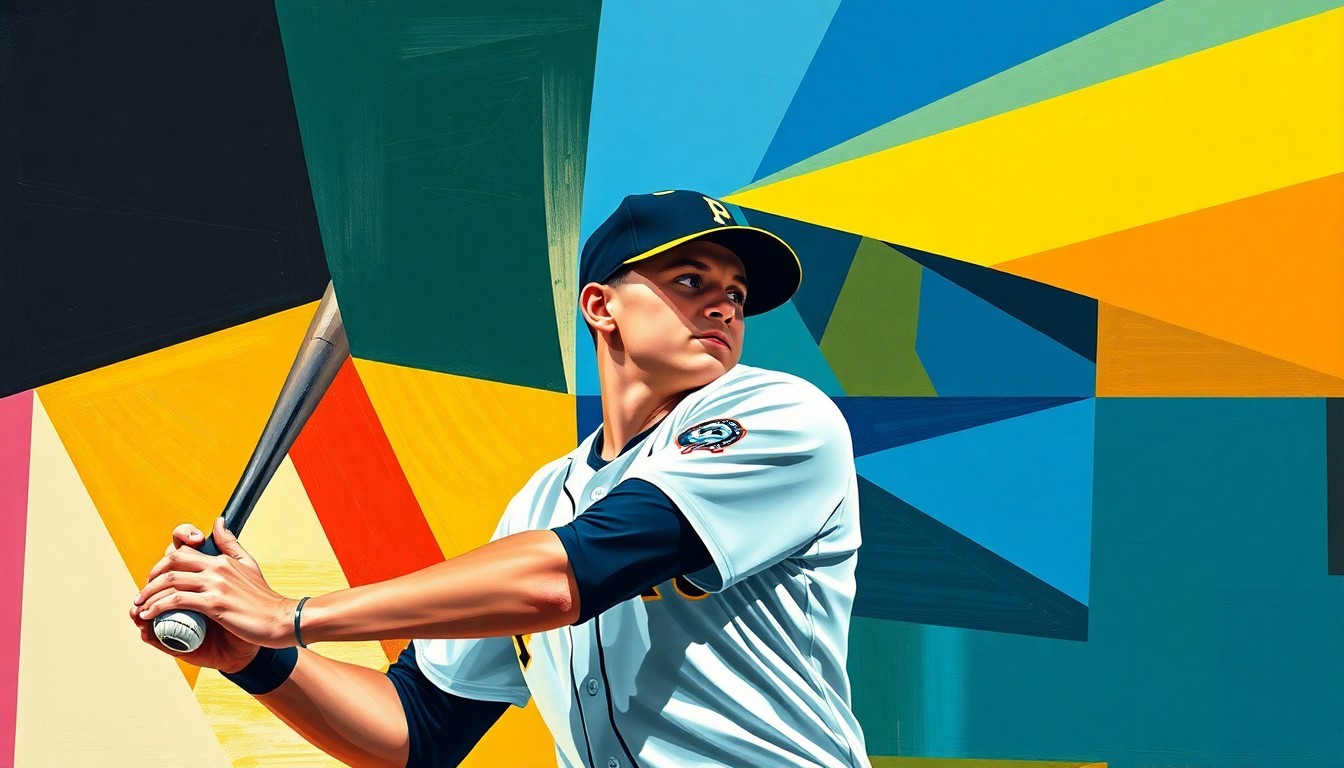 A fractured, multi-perspective painting depicting a young baseball player in a Pittsburgh Pirates uniform, their form broken down into sharp, overlapping geometric shapes and planes in a cubist style, conveying the energy and significance of their major league debut.