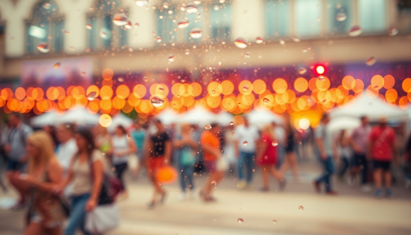An extremely blurred, impressionistic photograph composed of soft, warm-toned shapes and colors, evoking the atmosphere of a lively, community-focused weekend with free events, activities, and gatherings.