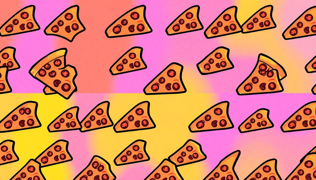 A brightly colored, high-contrast silkscreen print of a single, iconic pizza slice repeated in a tight grid pattern, utilizing vibrant neon colors and heavy black outlines to transform the everyday food item into modern pop art.