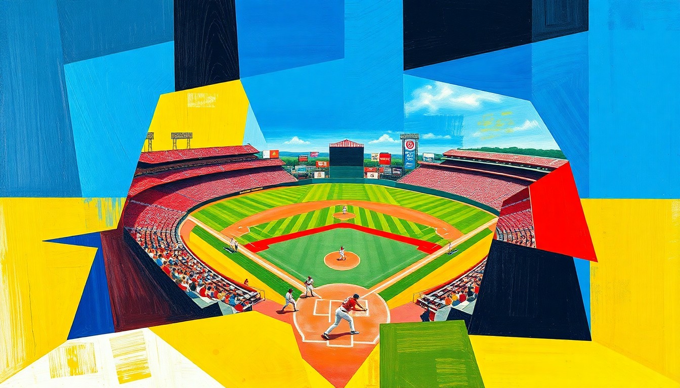 A fragmented, cubist-style painting depicting a college baseball game, with the players, field, and stadium broken down into sharp, overlapping geometric shapes and planes of bold, vibrant colors.