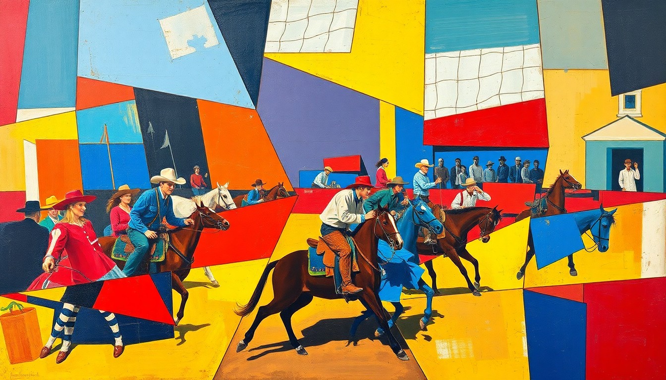 A fractured, multi-perspective painting featuring overlapping geometric shapes and planes in vibrant colors, conceptually representing the energy and movement of a rodeo event.