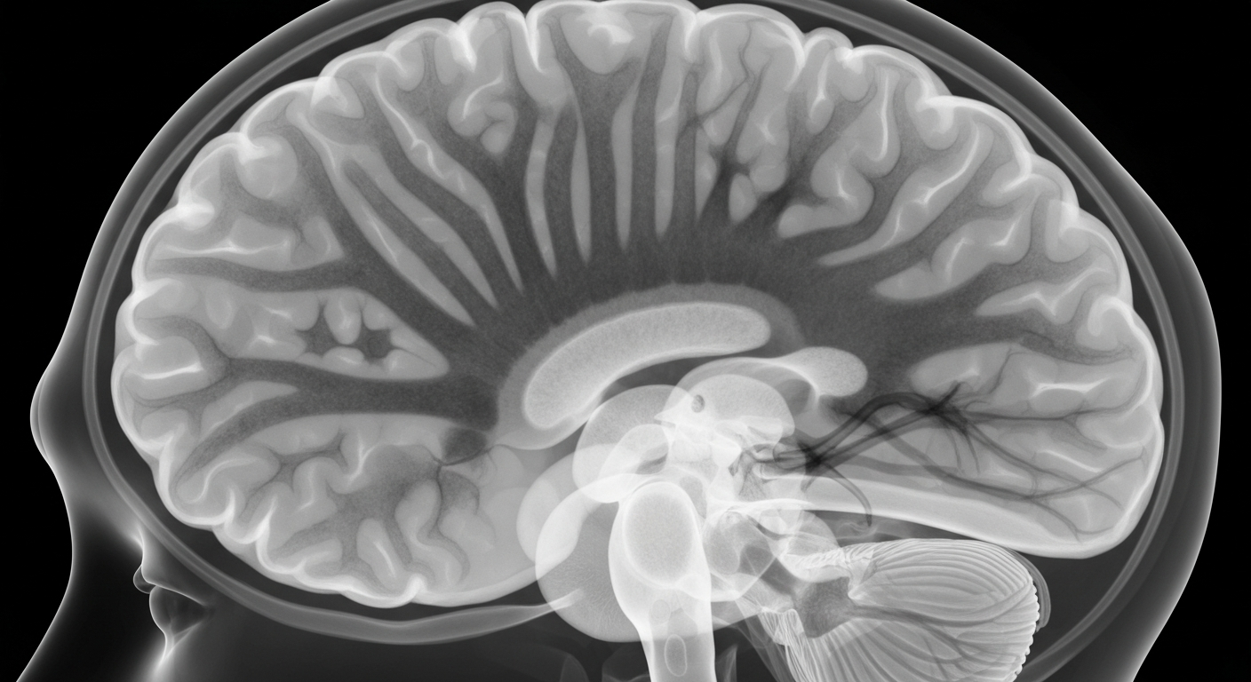 An extreme close-up, translucent X-ray image revealing the intricate structures and neural pathways of a human brain, conceptually representing the complex neurological mechanisms underlying multiple sclerosis.