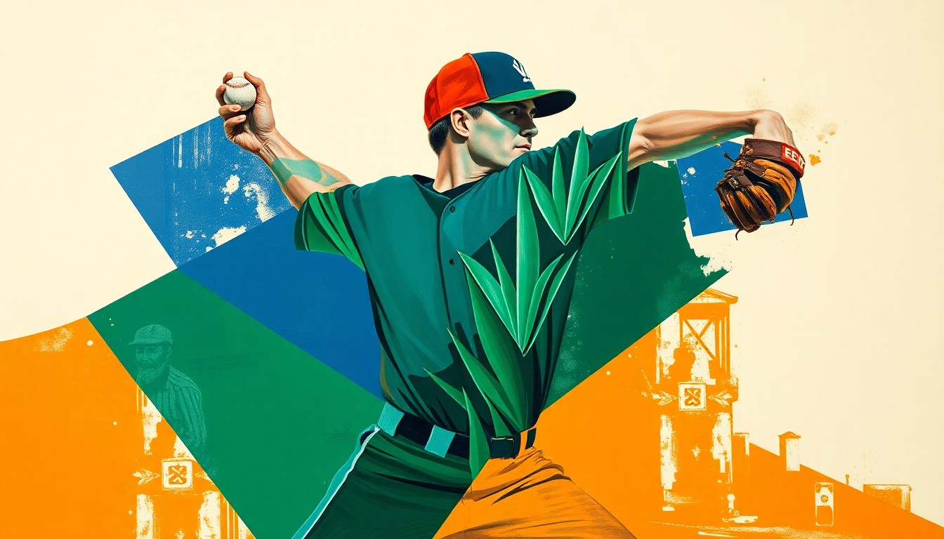 A cubist, geometric painting depicting a baseball pitcher's throwing motion broken down into sharp, overlapping planes of navy, green, and orange, conceptually representing the analytical, high-velocity nature of modern pitching.