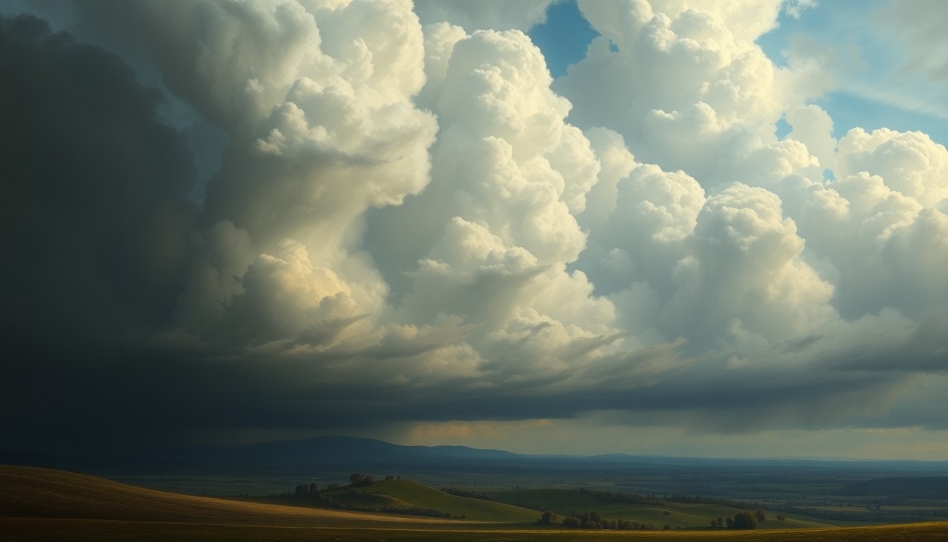 A sweeping, atmospheric landscape painting in muted tones of gray, blue, and green, with dramatic, swirling clouds filling the sky and dwarfing the small, indistinct structures in the distance, conveying the overwhelming power of nature.