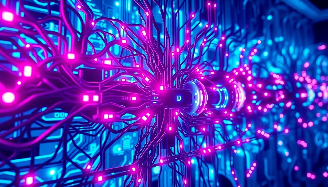 A highly detailed, glowing 3D illustration of a complex neural network or data processing infrastructure, with neon cyan and magenta lights illuminating the intricate cybernetic components, conceptually representing the AI-powered algorithms that now drive social media strategy and content distribution.