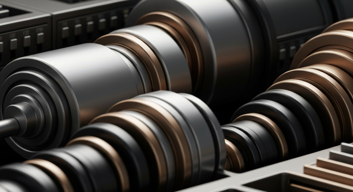 A highly detailed, cinematic close-up image of heavy, industrial banking equipment and machinery in shades of steel grey, bronze, and black, conveying the tangible, institutional nature of the commercial real estate sector.