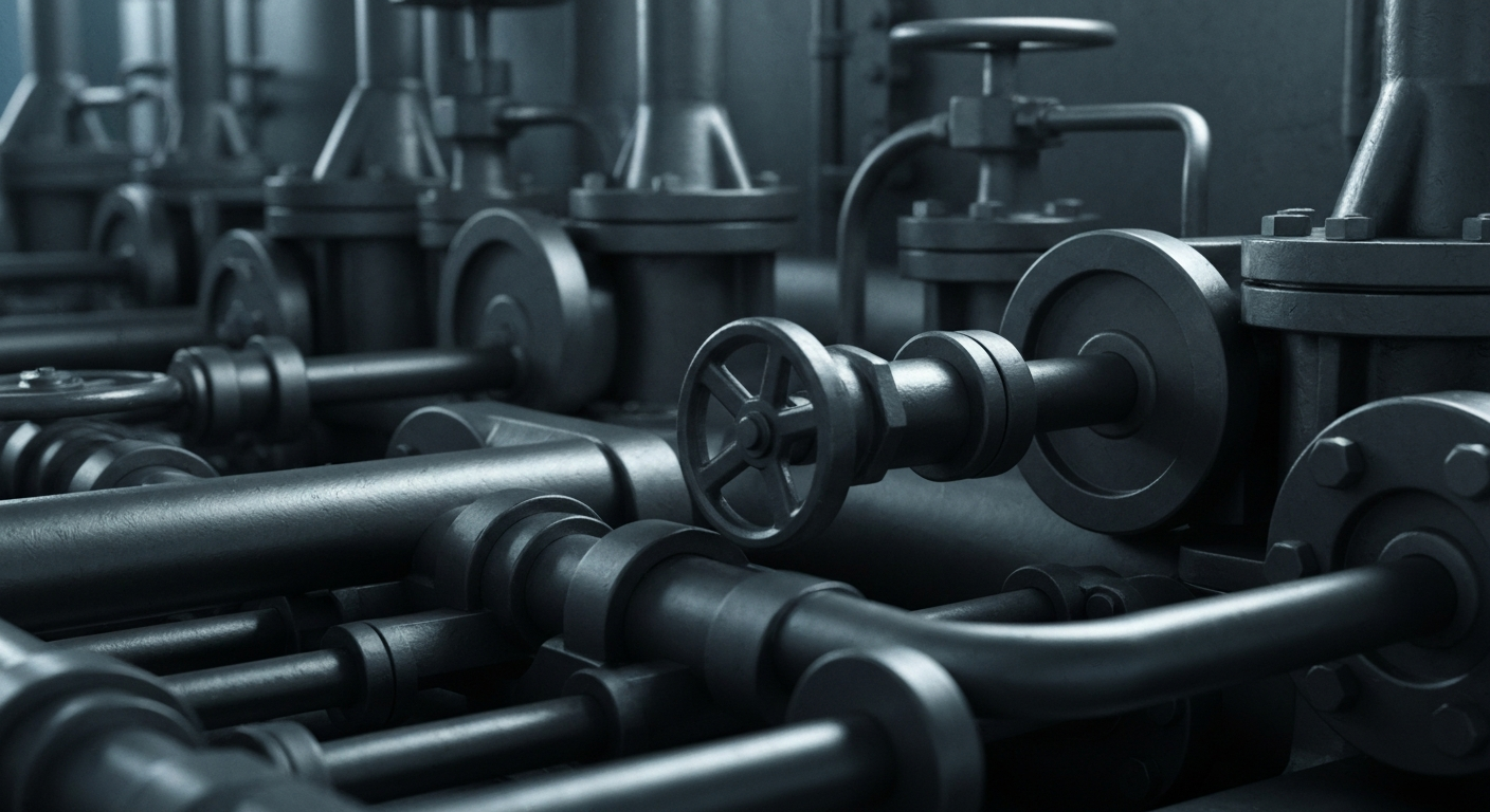 An extreme close-up of industrial banking equipment and machinery, conveying the complex financial infrastructure underlying the energy sector.