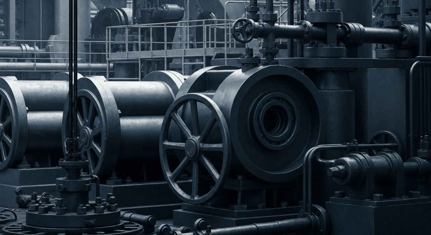 An extreme close-up of industrial oil and gas equipment, with a focus on the heavy, textured metal components and intricate mechanisms, conveying a sense of the financial and operational complexities facing energy companies.