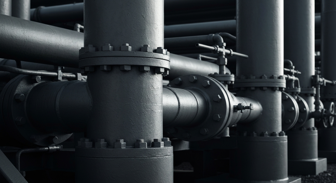 An extreme close-up of industrial oil and gas machinery, conveying the physical and financial power of the energy sector without using any text or symbols.