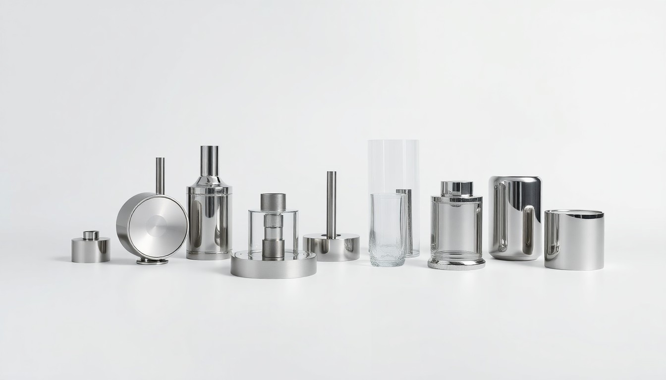 A minimalist studio still life featuring a collection of shiny, geometric metal and glass objects arranged in a clean, elegant composition on a plain background, symbolizing the technological innovation and precision engineering of CNH Industrial's products.