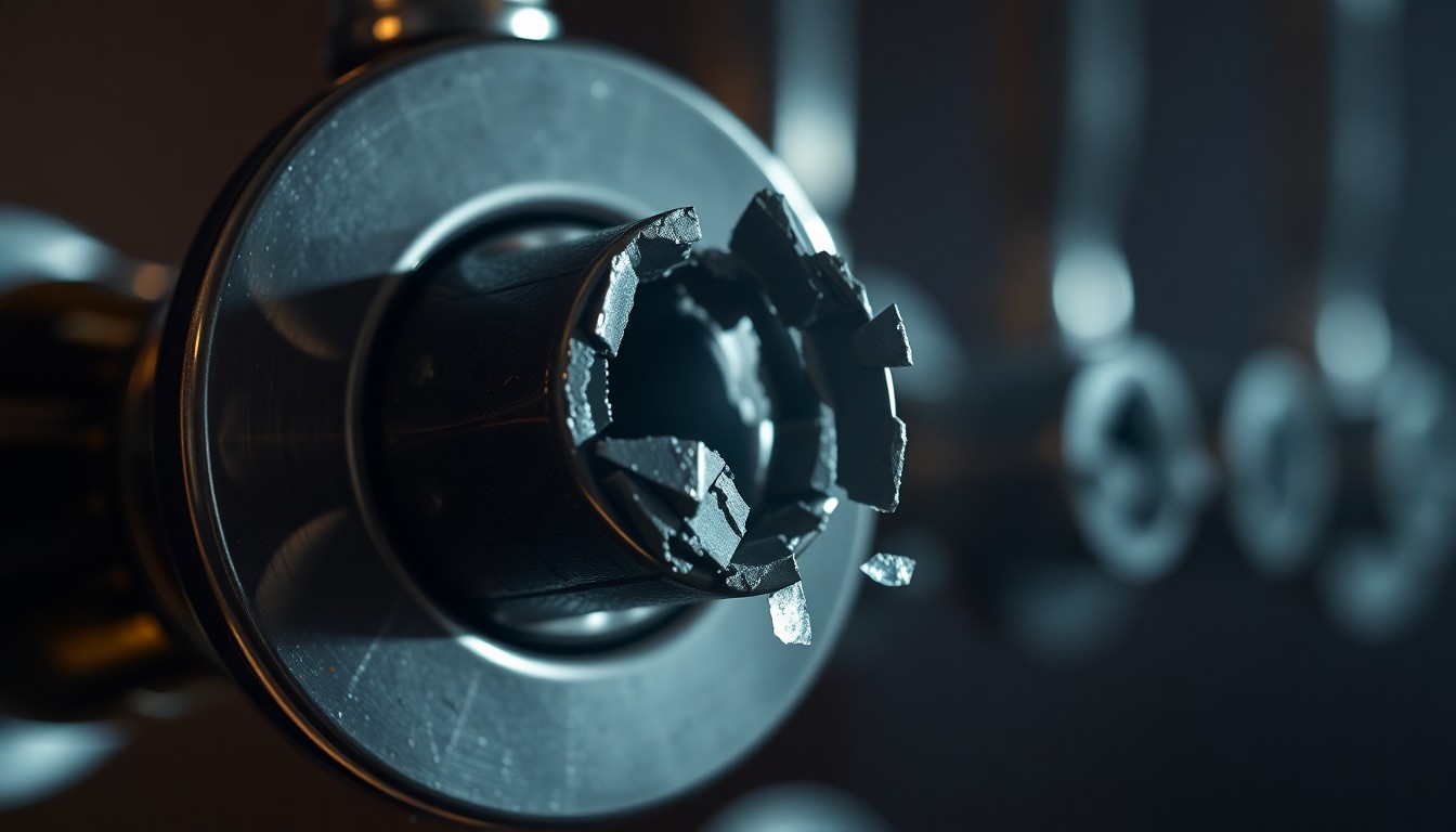 An extreme close-up of a broken beer tap, its metal surface reflecting the harsh light of a camera flash, conveying a sense of disruption and damage without depicting any actual violence or victims.