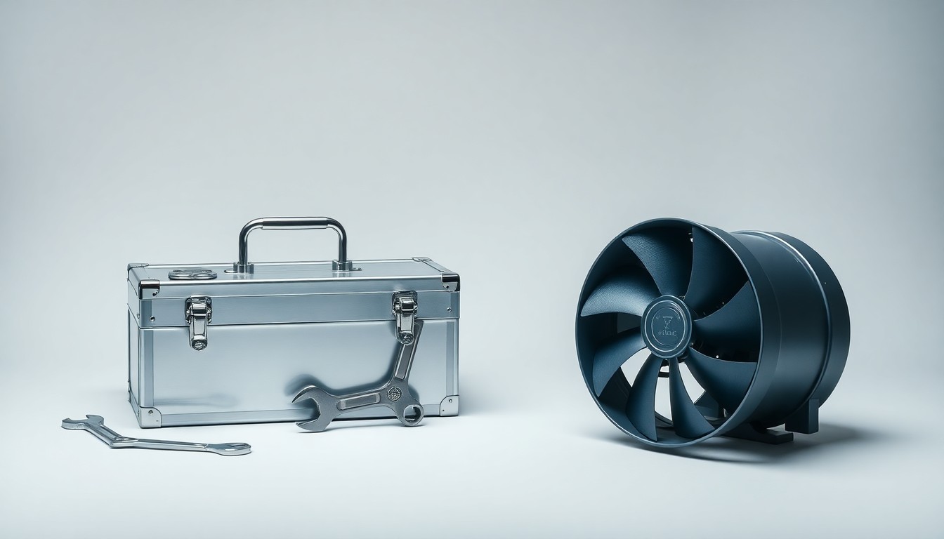 A high-end studio still life photograph featuring a polished metal toolbox, precision wrenches, and an industrial fan arranged elegantly on a clean, monochromatic background, conceptually representing the financial strategy and operational focus of an industrial supply company.