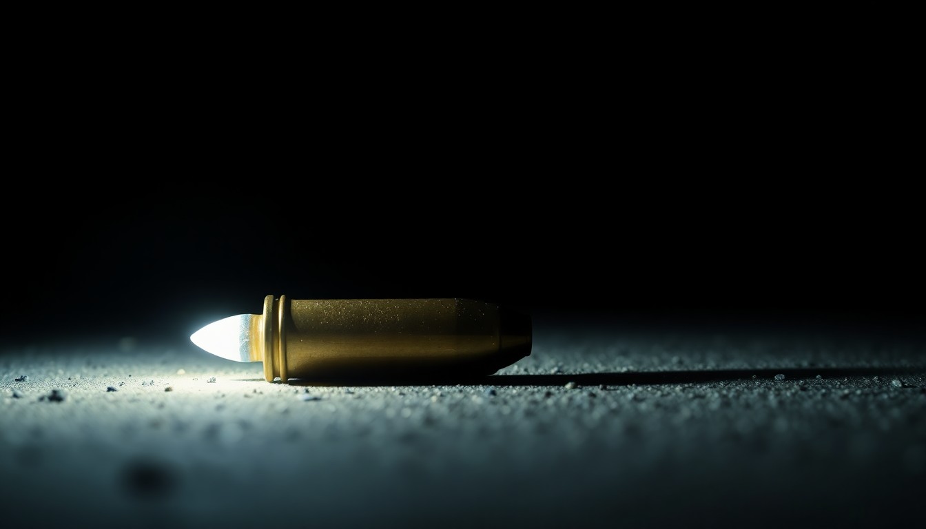 An extreme close-up photograph of a spent bullet casing on the ground, lit by a harsh, direct camera flash against a pitch-black background, creating a stark, gritty, investigative aesthetic.