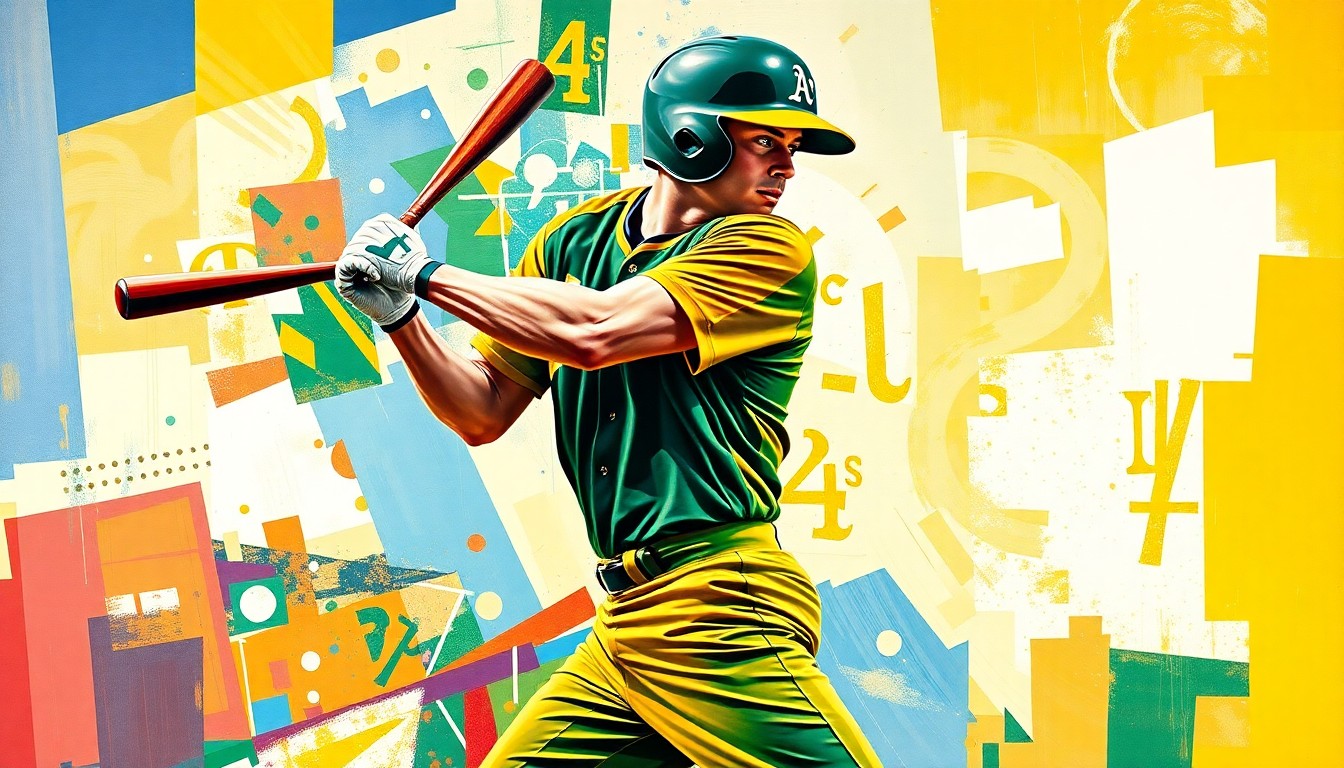 A fragmented, cubist-style painting depicting a baseball player in mid-swing, with the ball and player's form broken down into overlapping geometric shapes and planes in the Athletics' green and gold colors, capturing the raw energy and motion of the home run swing.
