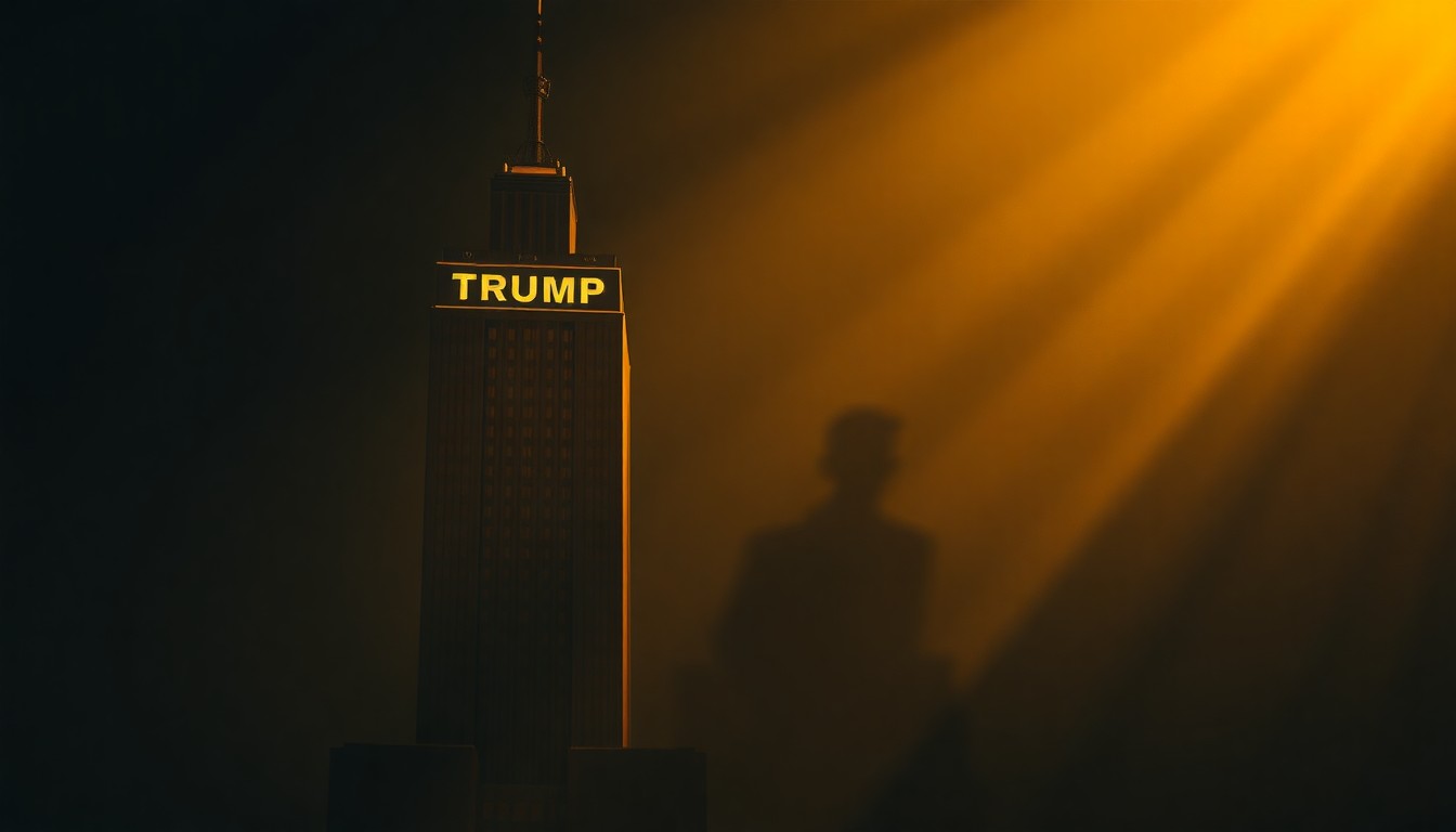 A photorealistic painting of a tall, gilded tower with the Trump name displayed prominently, set against a backdrop of warm, golden sunlight and deep shadows, conveying a sense of solitary grandeur and architectural excess.