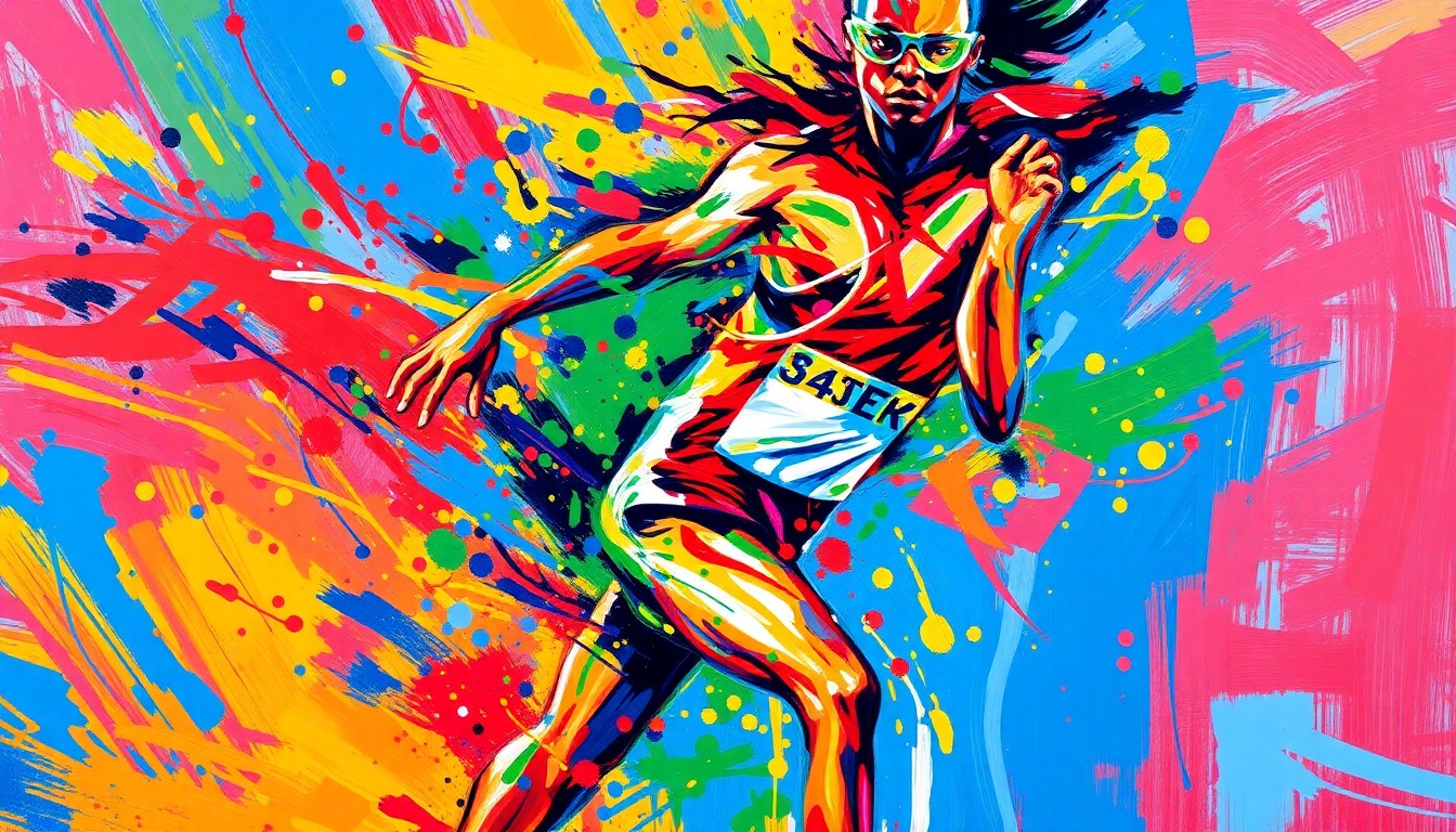 An abstract, expressionist painting in vibrant neon colors, capturing the dynamic motion and raw energy of a high school track athlete in mid-stride, their face and body dissolving into a blur of paint strokes.