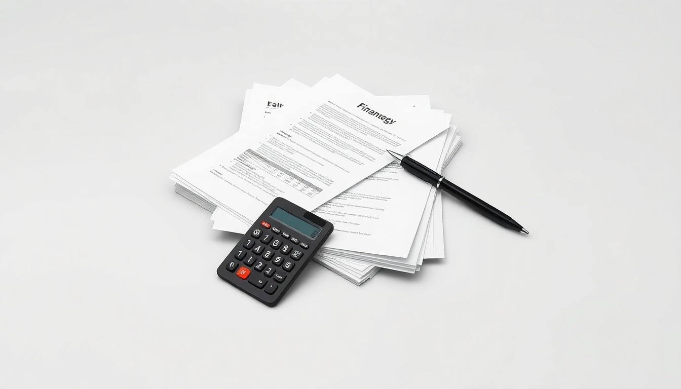 A high-end, photorealistic studio still-life photograph featuring a stack of financial documents, a calculator, and a pen arranged elegantly on a clean, monochromatic background, conceptually representing the importance of strategic financial planning for businesses in the year ahead.