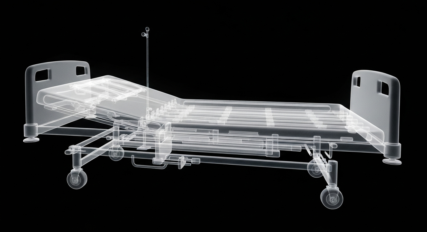 A ghostly, translucent X-ray photograph showing the internal structures of a hospital bed, with the bed frame and mattress glowing against a dark background, conceptually representing the fragile state of rural healthcare facilities.
