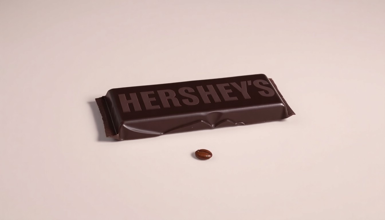 A close-up photograph of a single Hershey's chocolate bar resting on a clean, white background. The chocolate has a rich, glossy brown color and reflects the dramatic studio lighting, creating deep shadows that highlight the premium quality of the cocoa ingredients.