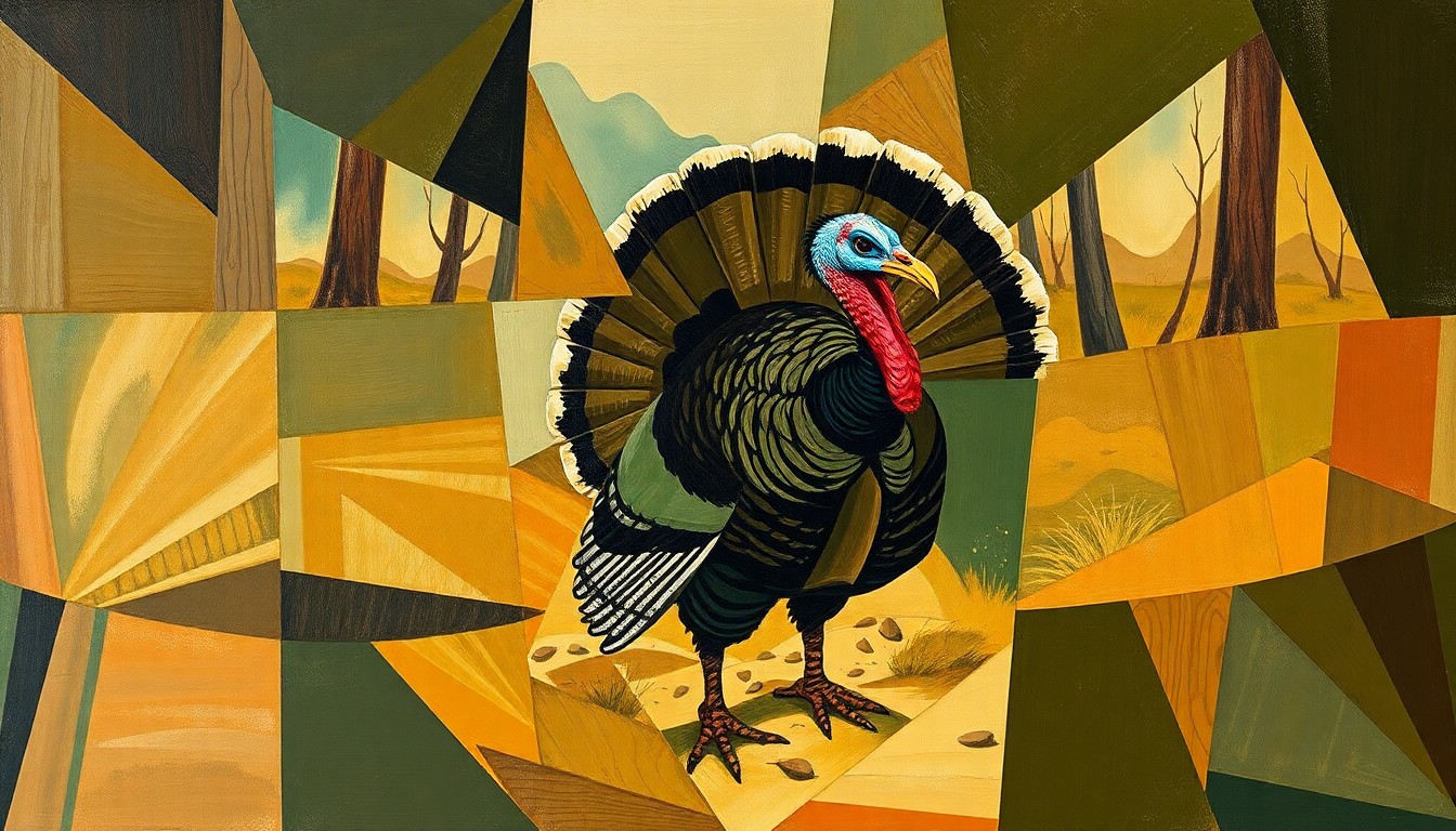 A fragmented, geometric painting in earthy tones depicting the dynamic action of a youth turkey hunt, with overlapping planes and angles conveying the energy and excitement of the event.