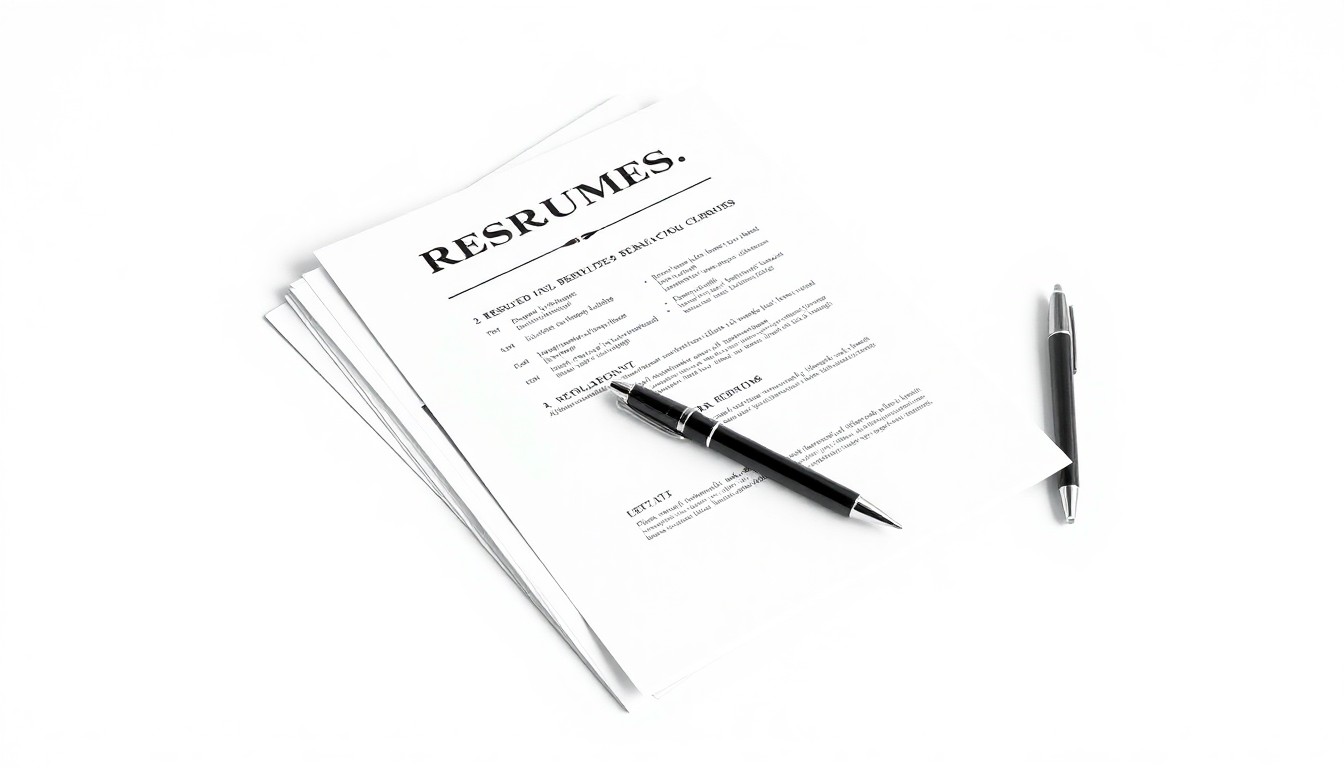 A high-end, photorealistic studio still-life photograph featuring a stack of neatly organized resumes, envelopes, and a pen on a clean, white background, symbolizing the thoughtful, personal approach Camille Manaois took in her job search.