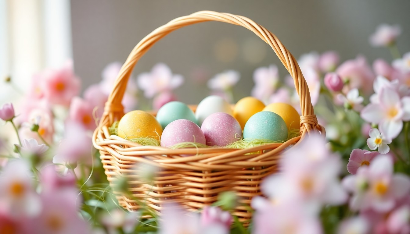 A dreamy, impressionistic photograph of an Easter basket overflowing with colorful eggs, surrounded by blurred pastel flowers and greenery, capturing the joyful spirit of the holiday.