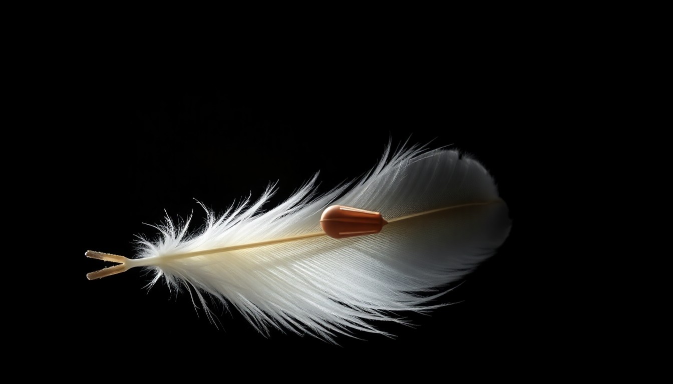 An extreme close-up photograph of a single duck feather with a blow dart piercing through it, creating a stark, gritty, and investigative visual metaphor for the crimes against local wildlife.