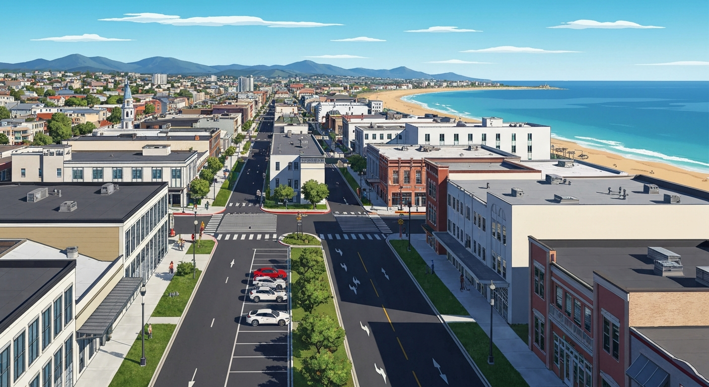 A highly stylized, geometric illustration in the Art Deco style, depicting the sweeping scale and streamlined forms of a coastal town's downtown district, with a focus on a new public parking lot and its relationship to the surrounding streets and landmarks.