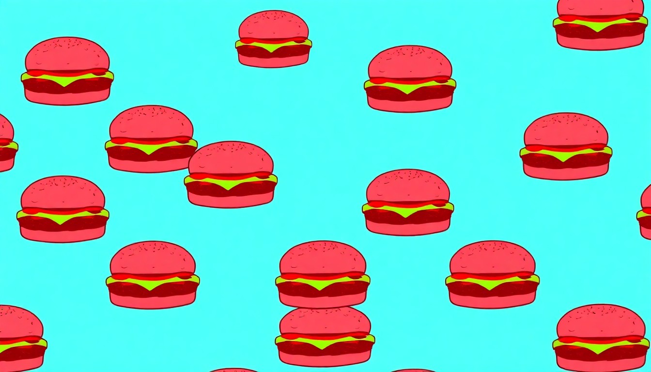 A bold, colorful silkscreen-style illustration featuring a single, iconic burger patty repeated in a grid pattern, capturing the energy and excitement of Memphis' beloved burger competition.