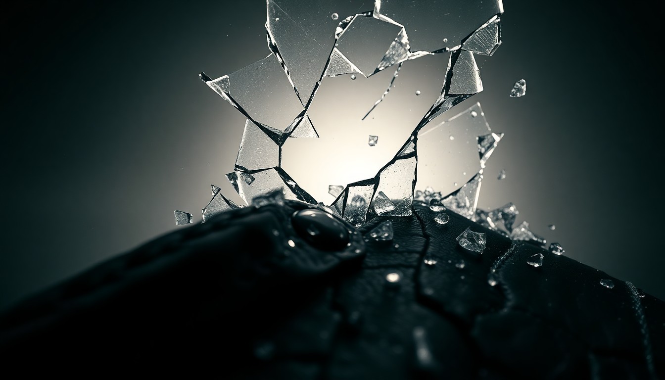 An abstract close-up image of shattered glass and cracked leather textures in high-contrast studio lighting, conveying a sense of gritty, pulp-inspired drama.