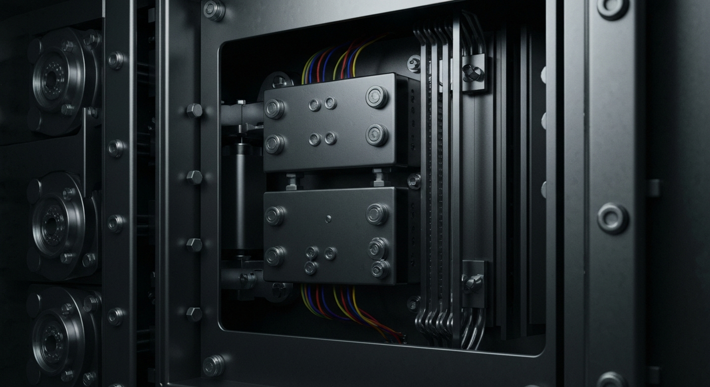A highly detailed, black-and-white close-up image of the gears, levers, and heavy metal components that make up the internal workings of a secure banking vault, conveying a sense of the complex financial systems and infrastructure that support the cybersecurity industry.
