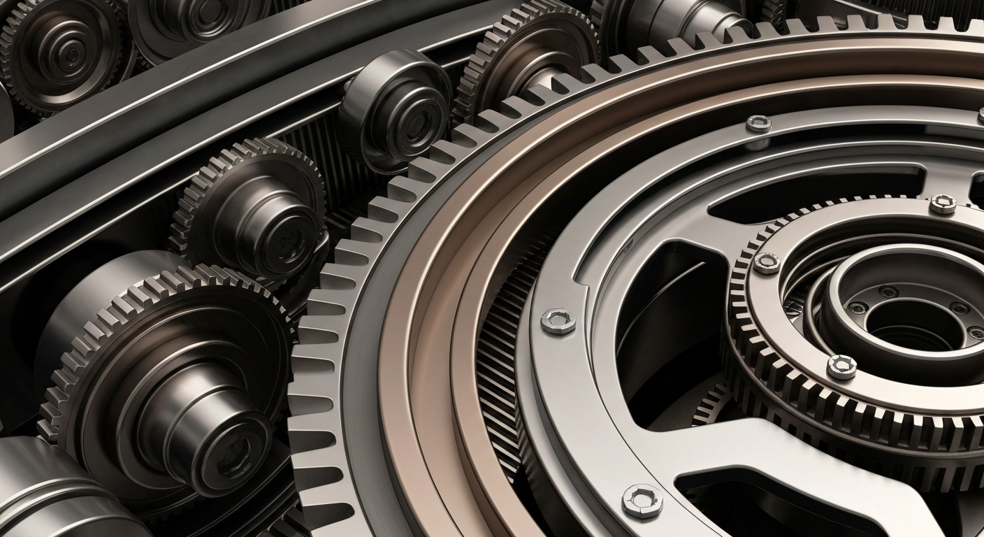 An extreme close-up of intricate, metallic banking machinery and gears, conveying the complex financial infrastructure of a major technology corporation.